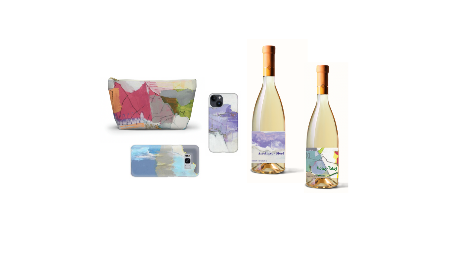 Products branding and packaging featuring abstract art by Mary Elizabeth. Direct art image licensing available.